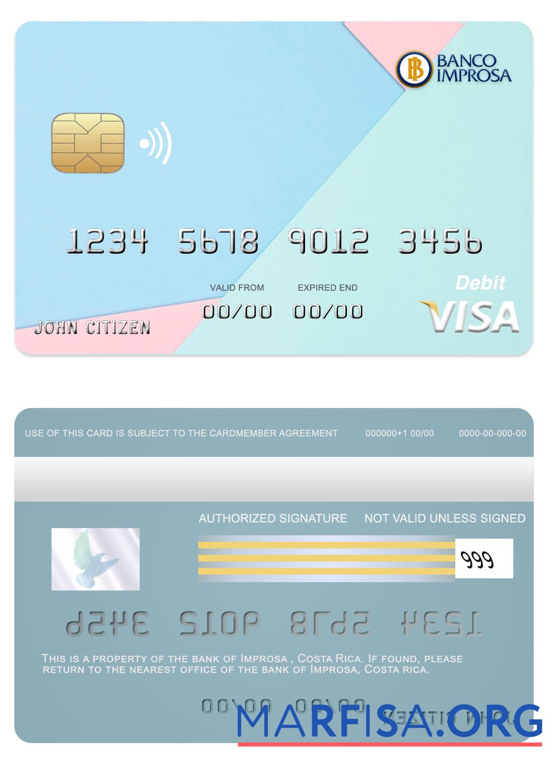 Blank Costa Rica Improsa bank visa card sample